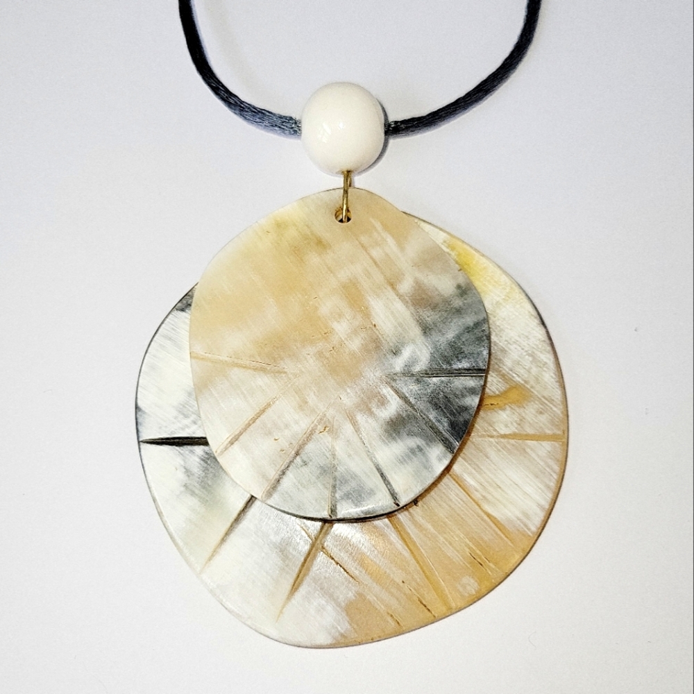 Tan/White/Brown  Genuine Buffalo Horn 2 Disk Pendant Necklace on Cord